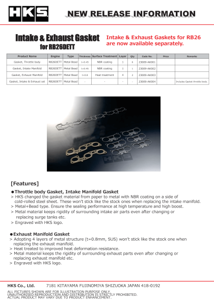 HKS -  NISSAN RB26DETT INTAKE & EXHAUST GASKETS - 23009-AK004