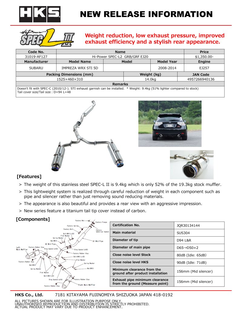 HKS Hi-Power SPEC-L II Impreza WRX STI GRB/GRF - 31019-AF127