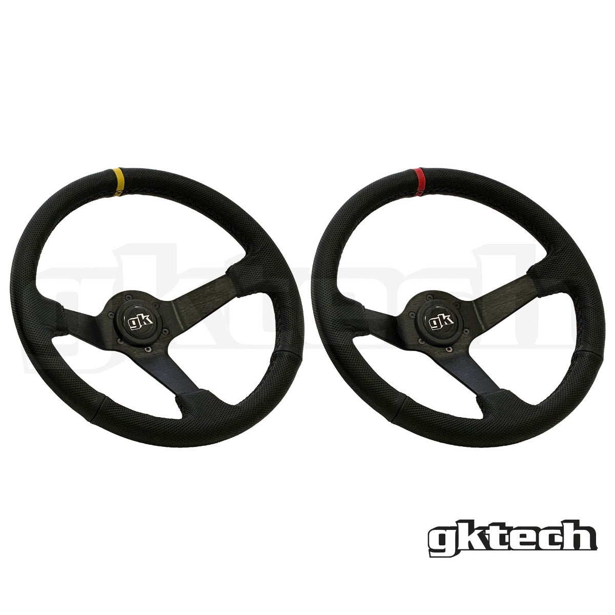 GKTech - Steering wheel 350mm Deep dished leather - Black Leather with Red Stripe - LTHR-REDX