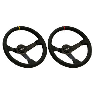 GKTech - Steering wheel 350mm Deep dished leather - Black Leather with Yellow Stripe - LTHR-YLLW